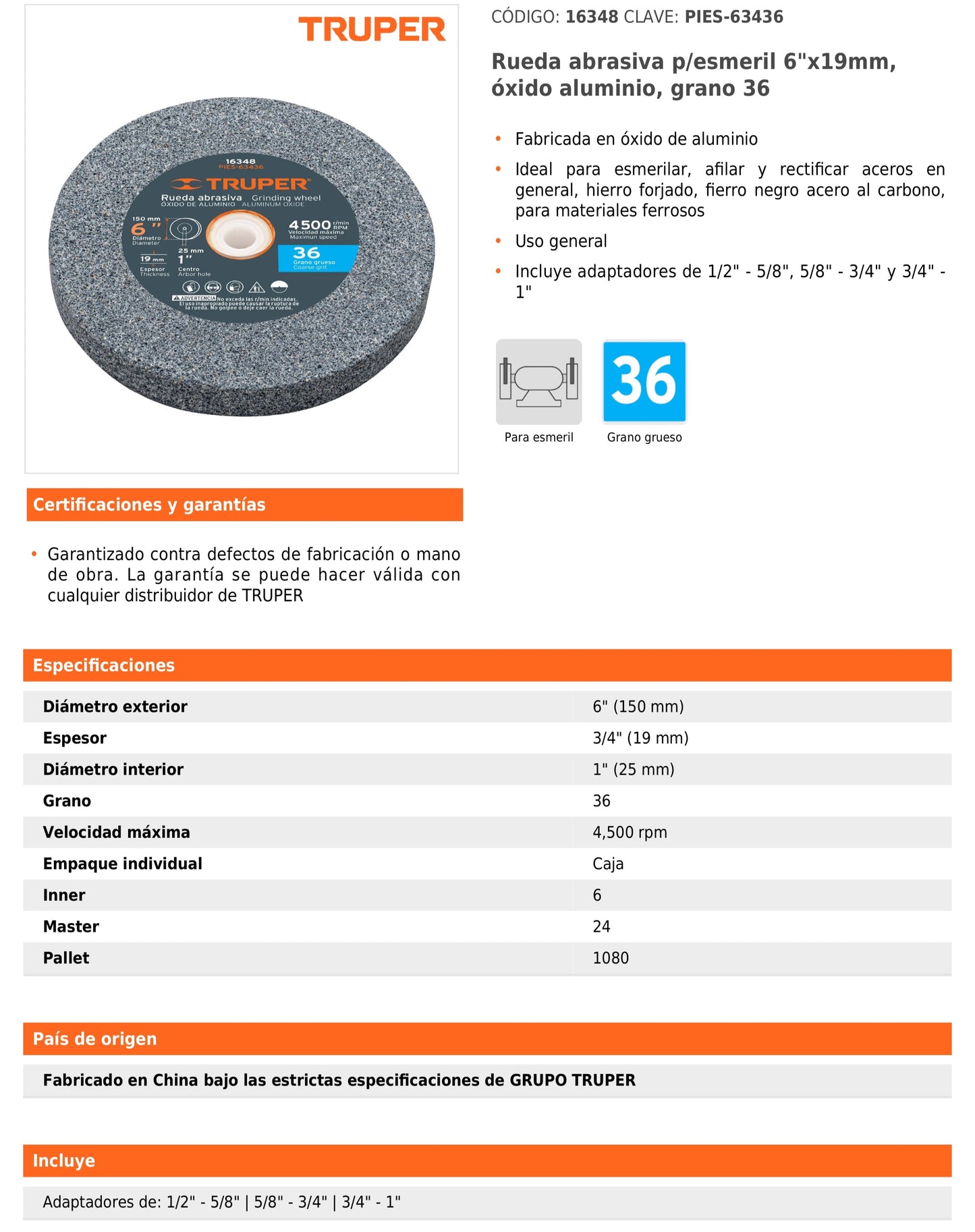 Rueda Abrasiva p/esmeril 6 X 1", Óxido de Aluminio, Grano 36