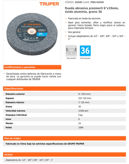 Rueda Abrasiva p/esmeril 6 X 1", Óxido de Aluminio, Grano 36