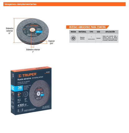Rueda Abrasiva p/esmeril 6 X 1", Óxido de Aluminio, Grano 36