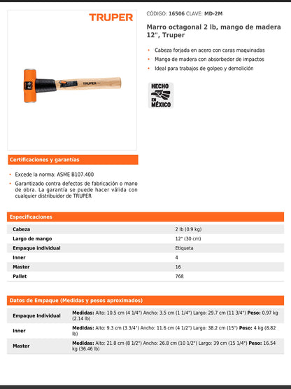 Marro octagonal de 2 libras con mango de madera de 30 cm