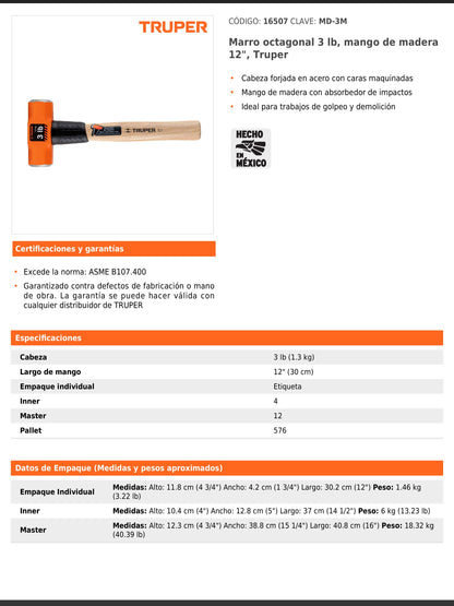 Marro octagonal de 3 libras con mango de madera de 30 cm