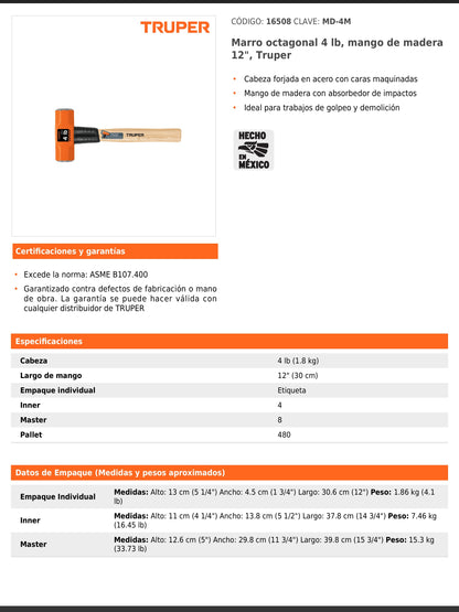 Marro octagonal de 4 libras con mango de madera de 30 cm