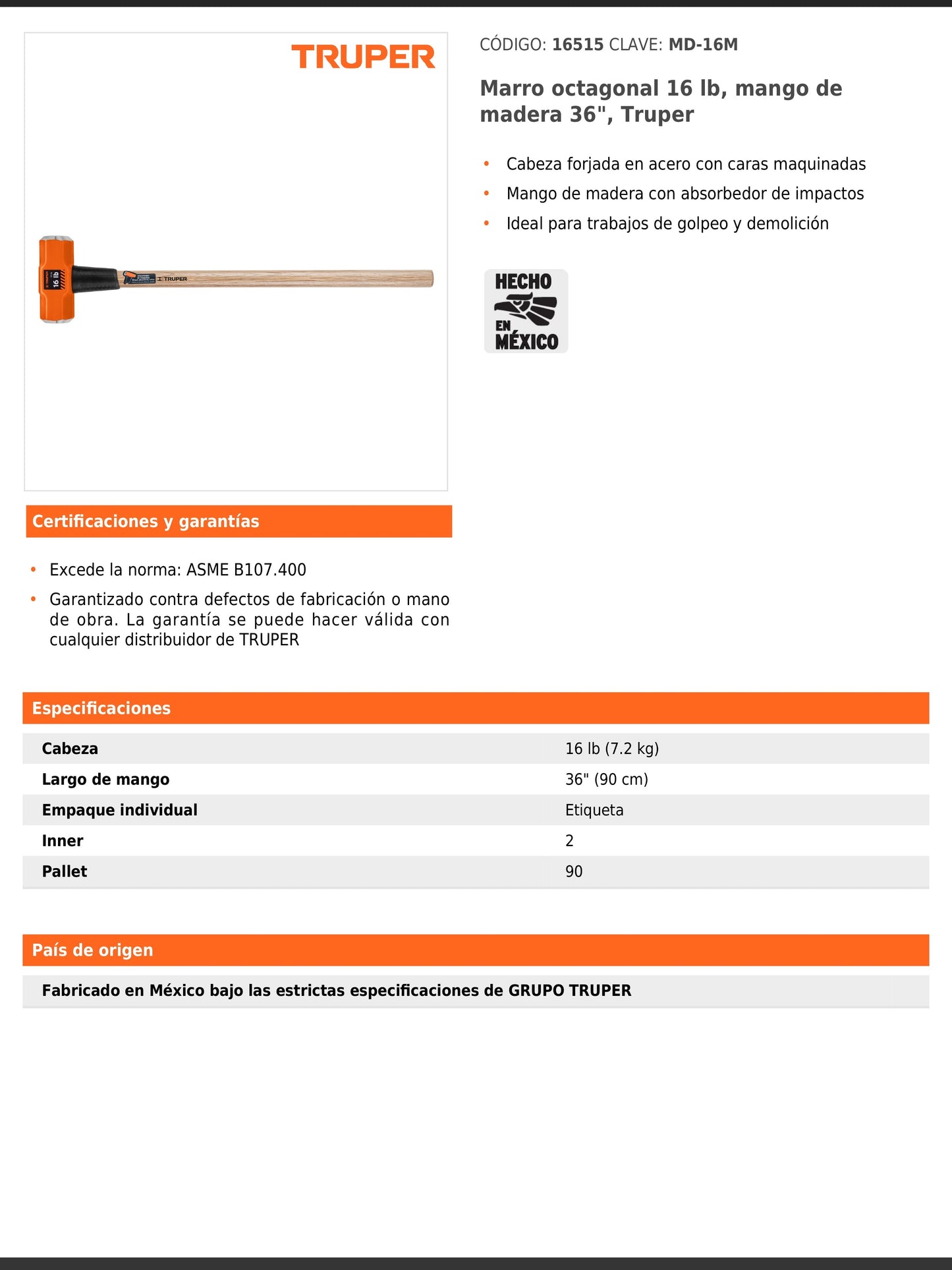 Marro octagonal de 16 libras con mango de madera de 90 cm