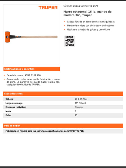 Marro octagonal de 16 libras con mango de madera de 90 cm