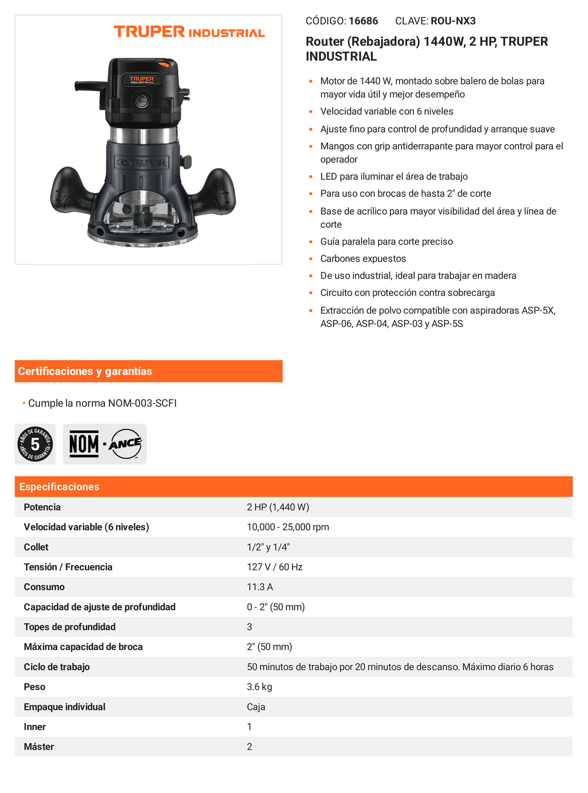 Ficha tecnica - Router (Rebajadora) 1440W 2 HP INDUSTRIAL - SKU 16686