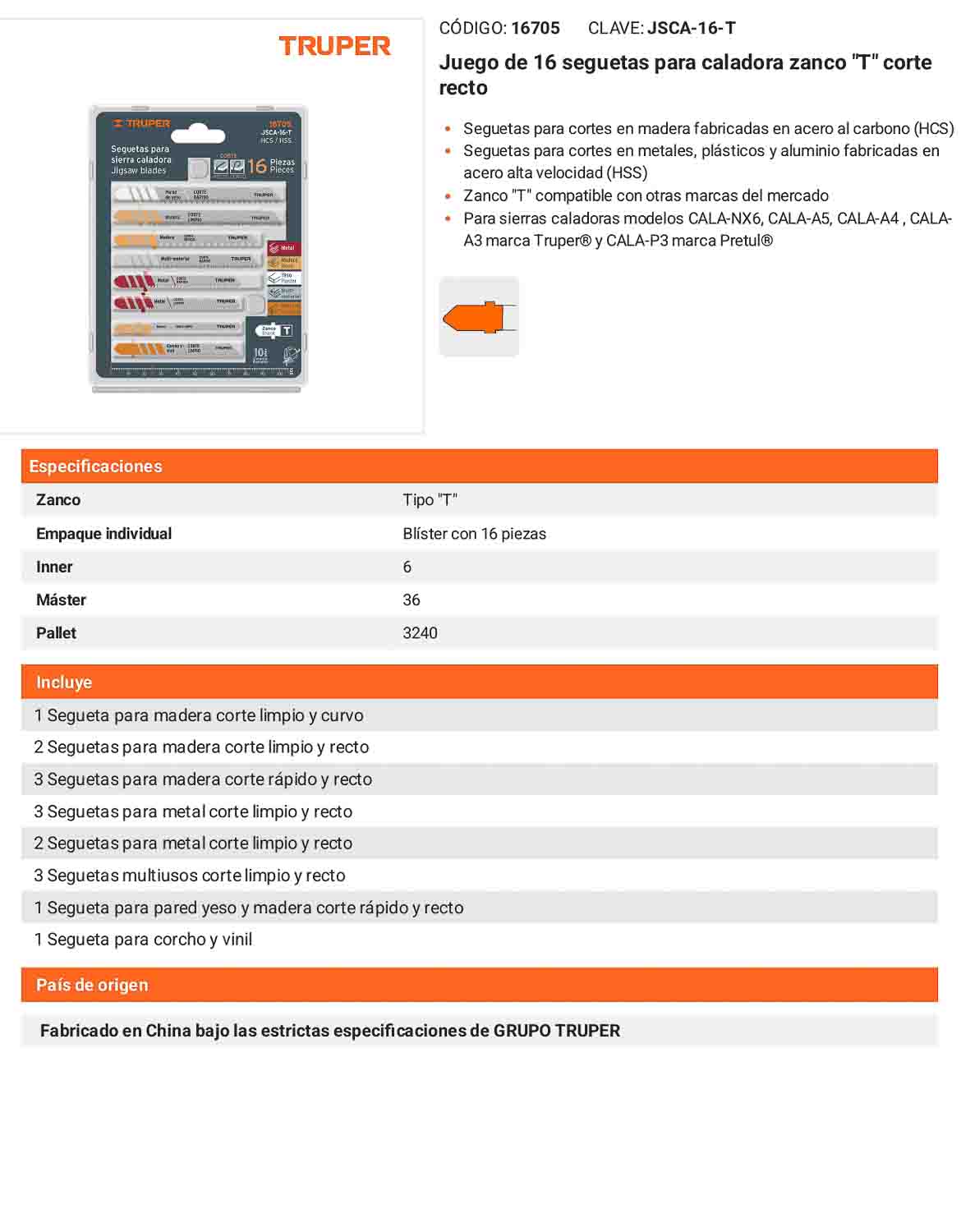 Juego de 16 seguetas para caladora zanco