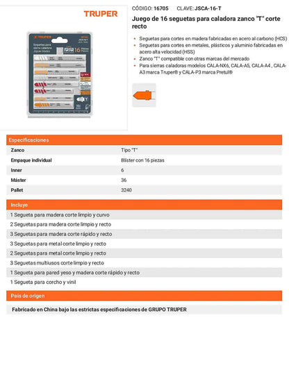 Juego de 16 seguetas para caladora zanco