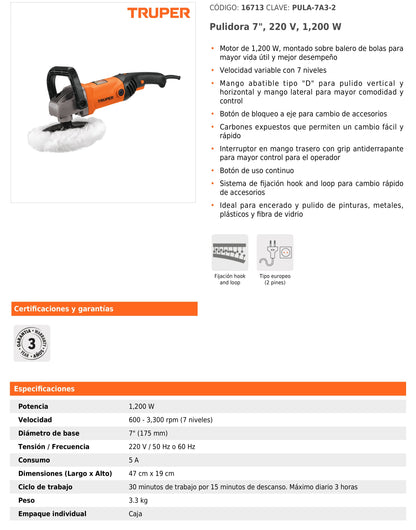 Pulidora 7" 1200 W velocidad variable industrial