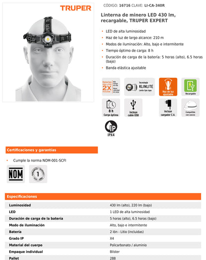 Linterna de minero 1 LED 340 lm recargable