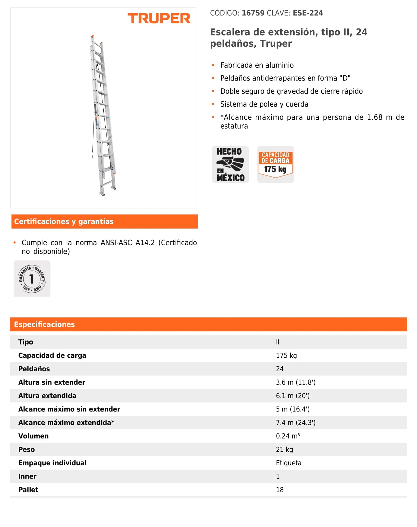 Escalera de extensión tipo II de 24 peldaños con sistema de polea y cuerda