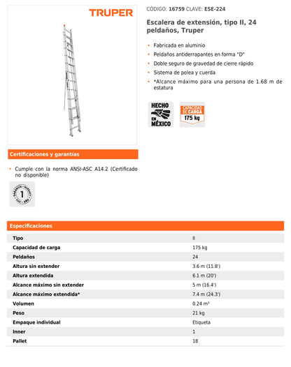 Escalera de extensión tipo II de 24 peldaños con sistema de polea y cuerda