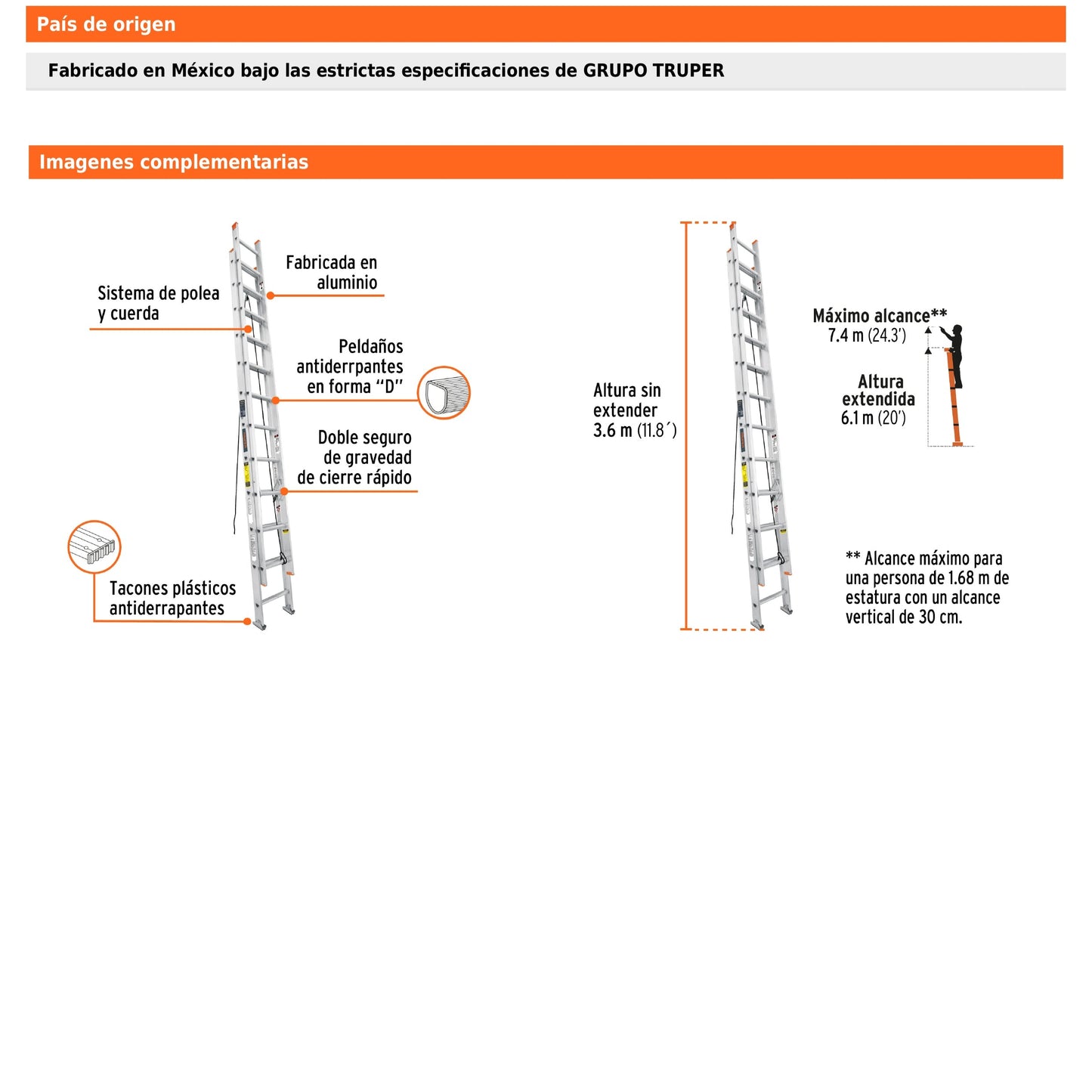 Escalera de extensión tipo II de 24 peldaños con sistema de polea y cuerda