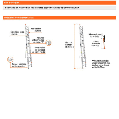 Escalera de extensión tipo II de 24 peldaños con sistema de polea y cuerda
