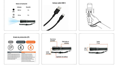 Linterna de aluminio LED 500 lm recargable