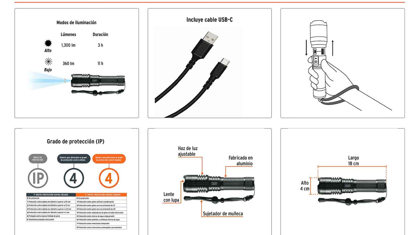 Linterna de aluminio LED 1300 lm recargable