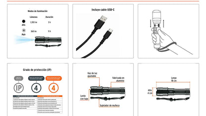 Linterna de aluminio LED 1300 lm recargable