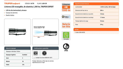 Linterna de aluminio LED 1300 lm recargable