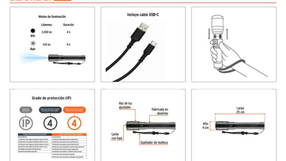 Linterna de aluminio LED 2000 lm recargable
