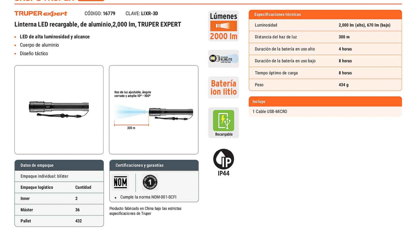 Linterna de aluminio LED 2000 lm recargable