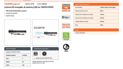 Linterna de aluminio LED 2000 lm recargable