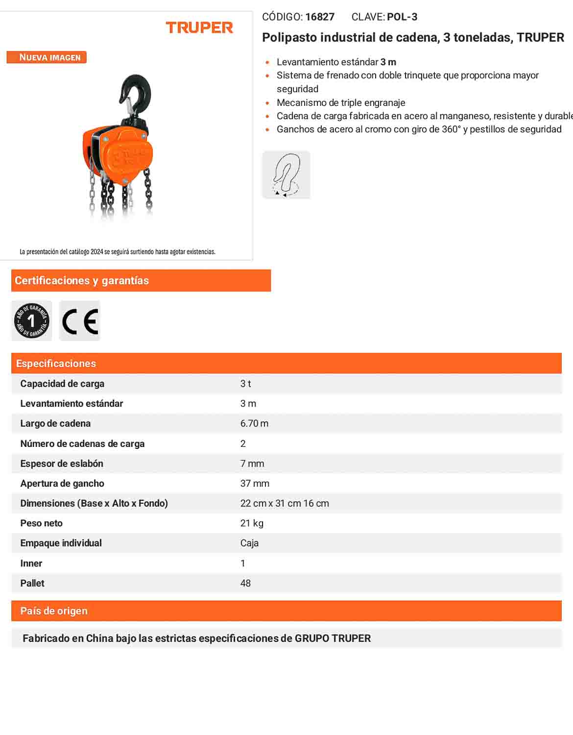 Polipasto industrial de cadena 3 toneladas