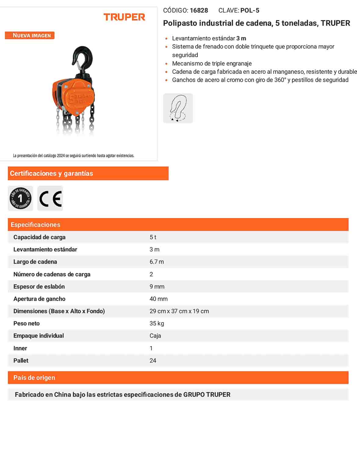 Polipasto industrial de cadena 5 toneladas