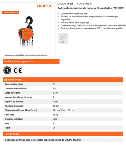 Polipasto industrial de cadena 5 toneladas