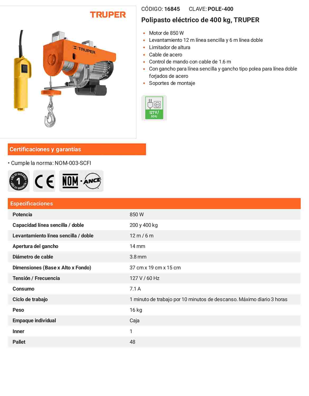 Polipasto eléctrico de 400 kilogramos