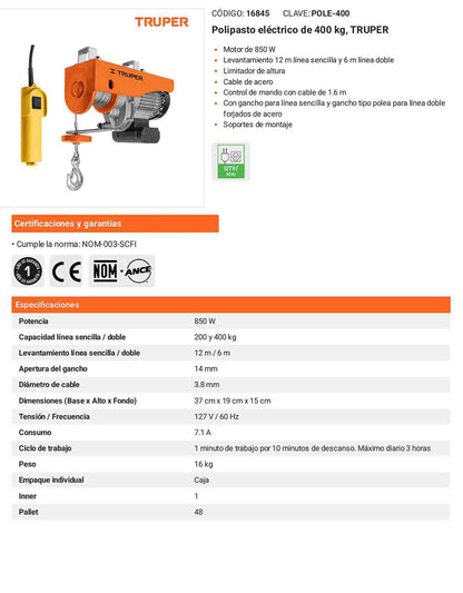 Polipasto eléctrico de 400 kilogramos