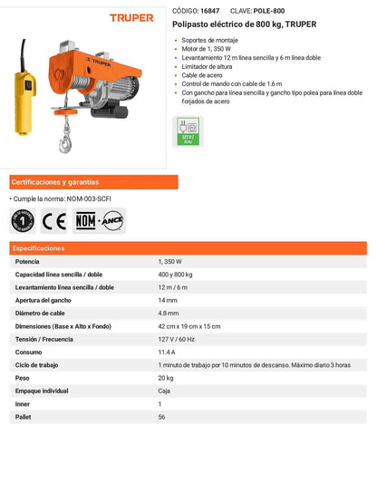 Polipasto eléctrico de 800 kilogramos