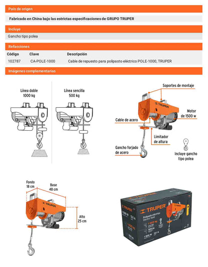 Polipasto eléctrico de 1000 kilogramos