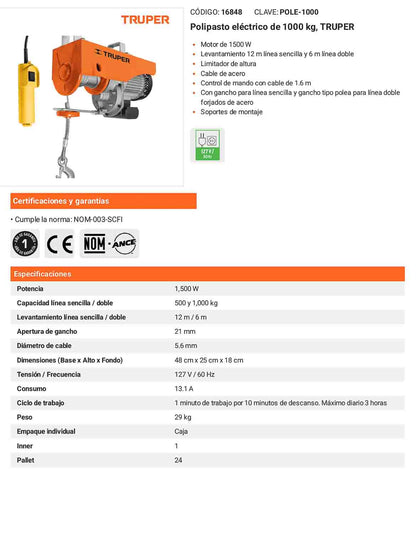 Polipasto eléctrico de 1000 kilogramos