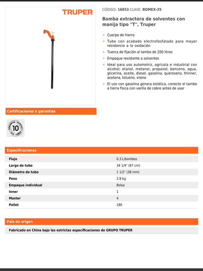 Bomba extractora de solventes con manija tipo T