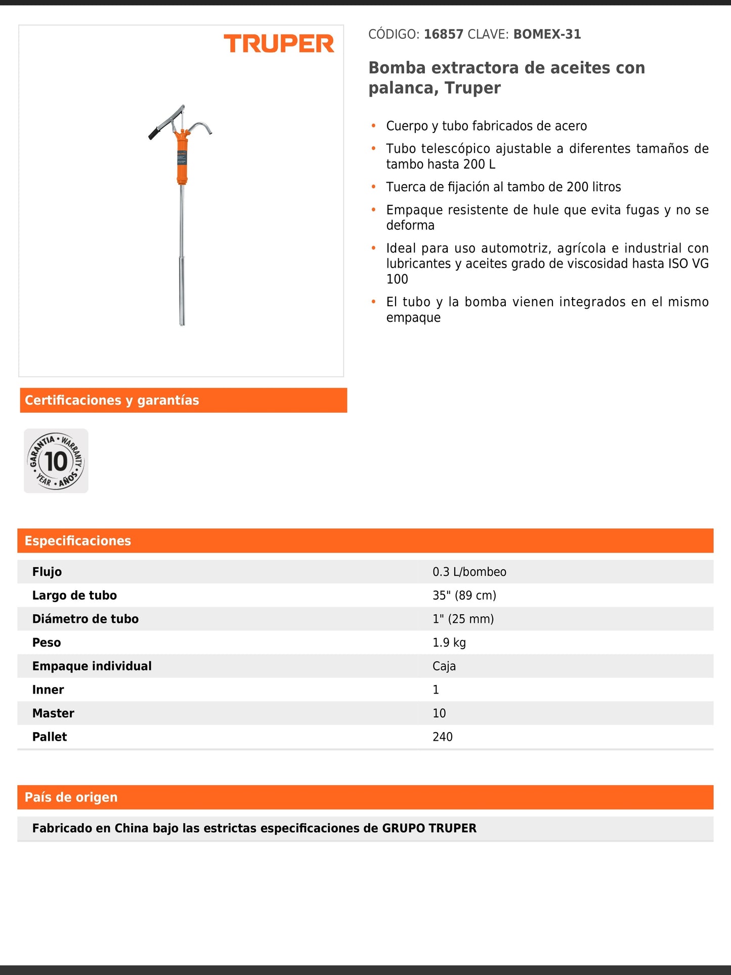 Bomba extractora de aceites con palanca