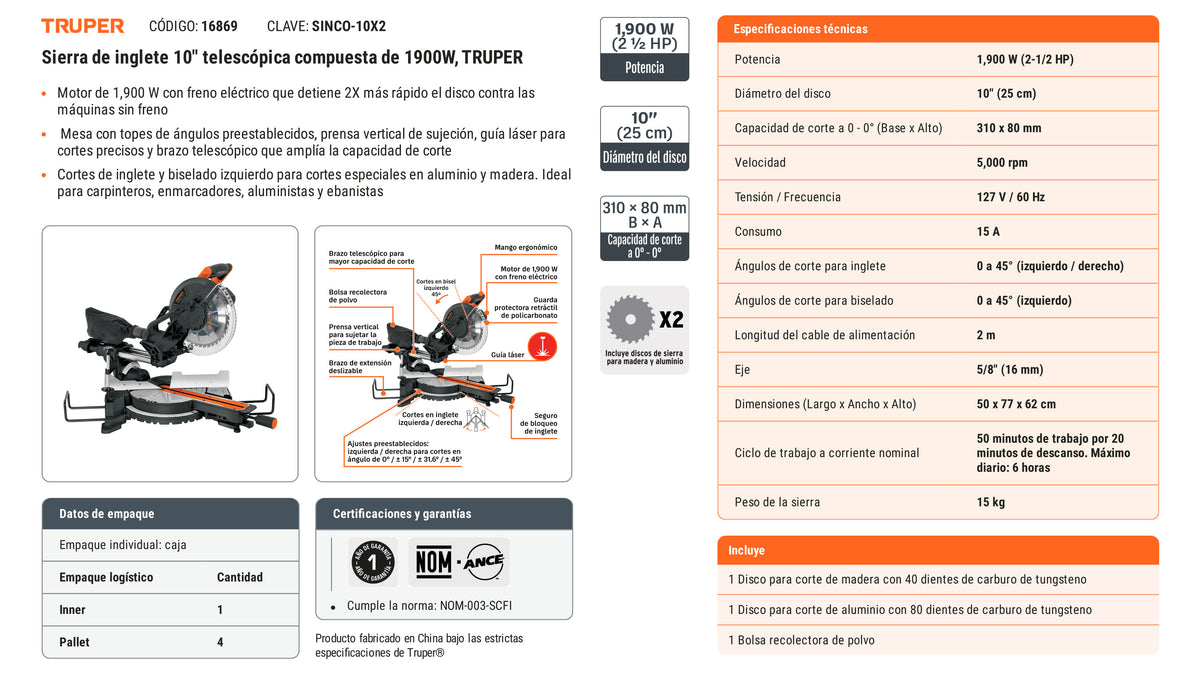 Ficha tecnica - Sierra de inglete 10 pulg telescopica compuesta 1900W - SKU 16869