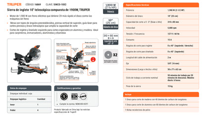 Ficha tecnica - Sierra de inglete 10 pulg telescopica compuesta 1900W - SKU 16869