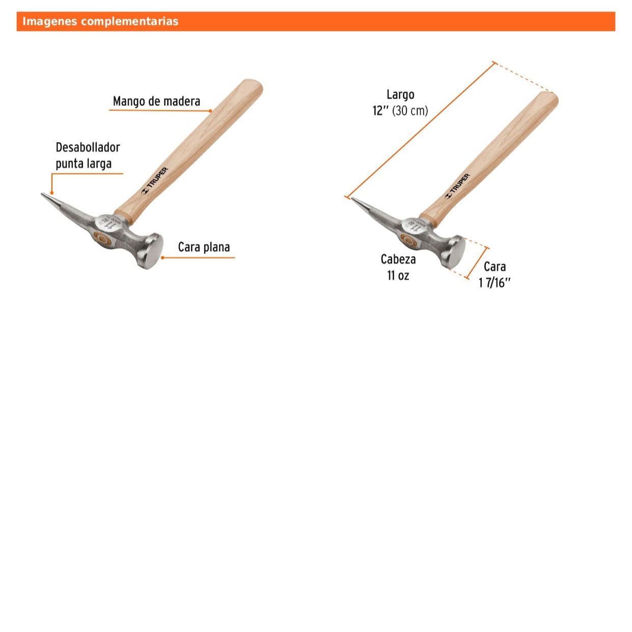 Martillo desabollador de 11 oz con punta larga y mango de madera de 12 pulgadas