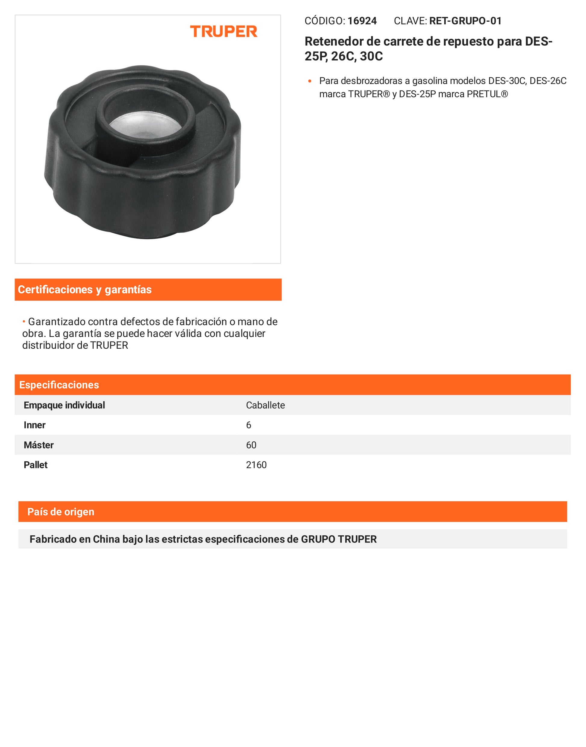 Ficha tecnica - Retenedor de carrete para DES-25P 26C 30C - SKU 16924