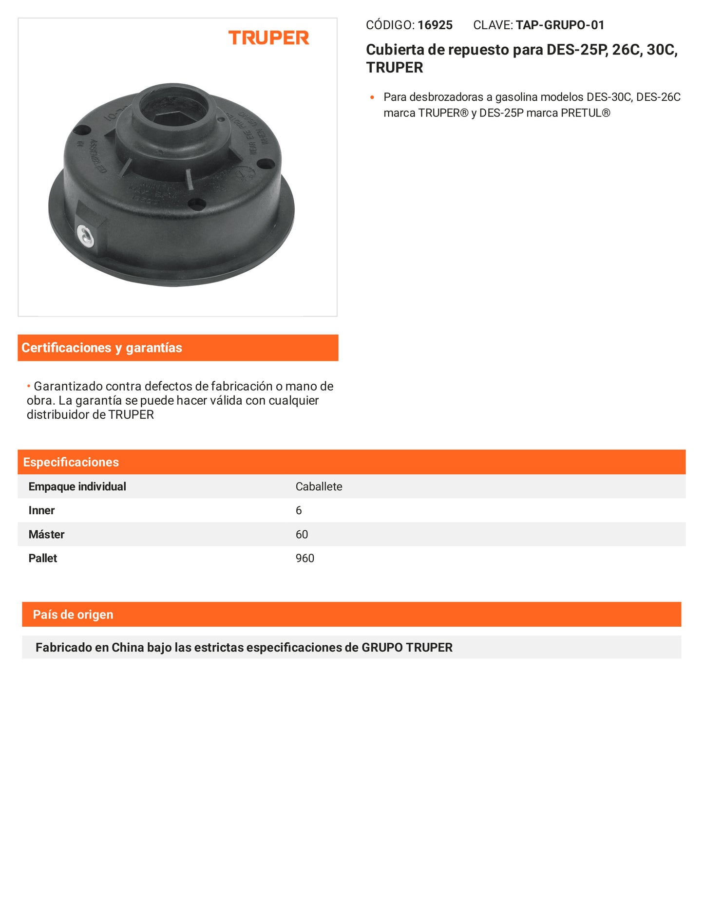 Ficha tecnica - Cubierta para DES-25P 26C 30C - SKU 16925