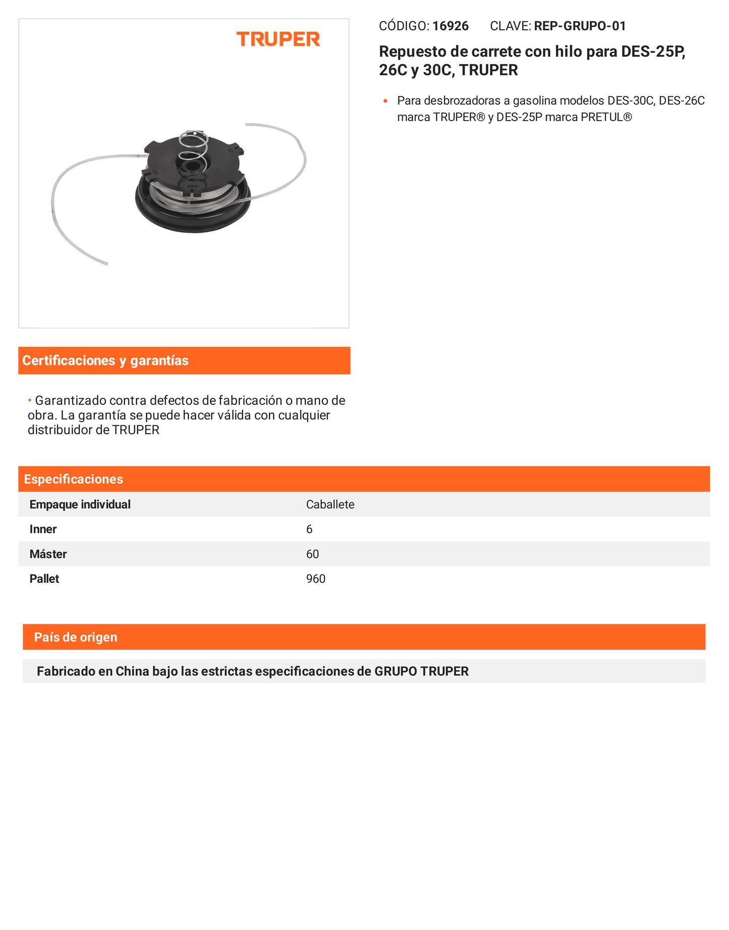 Ficha tecnica - Repuesto de carrete con hilo 30C - SKU 16926