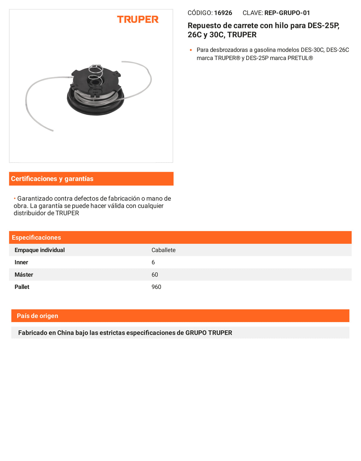 Ficha tecnica - Repuesto de carrete con hilo 30C - SKU 16926