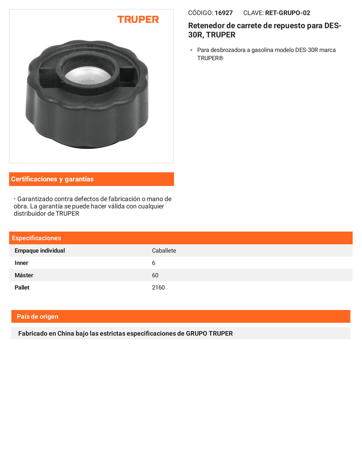 Ficha tecnica - Retenedor de carrete para DES-30R - SKU 16927