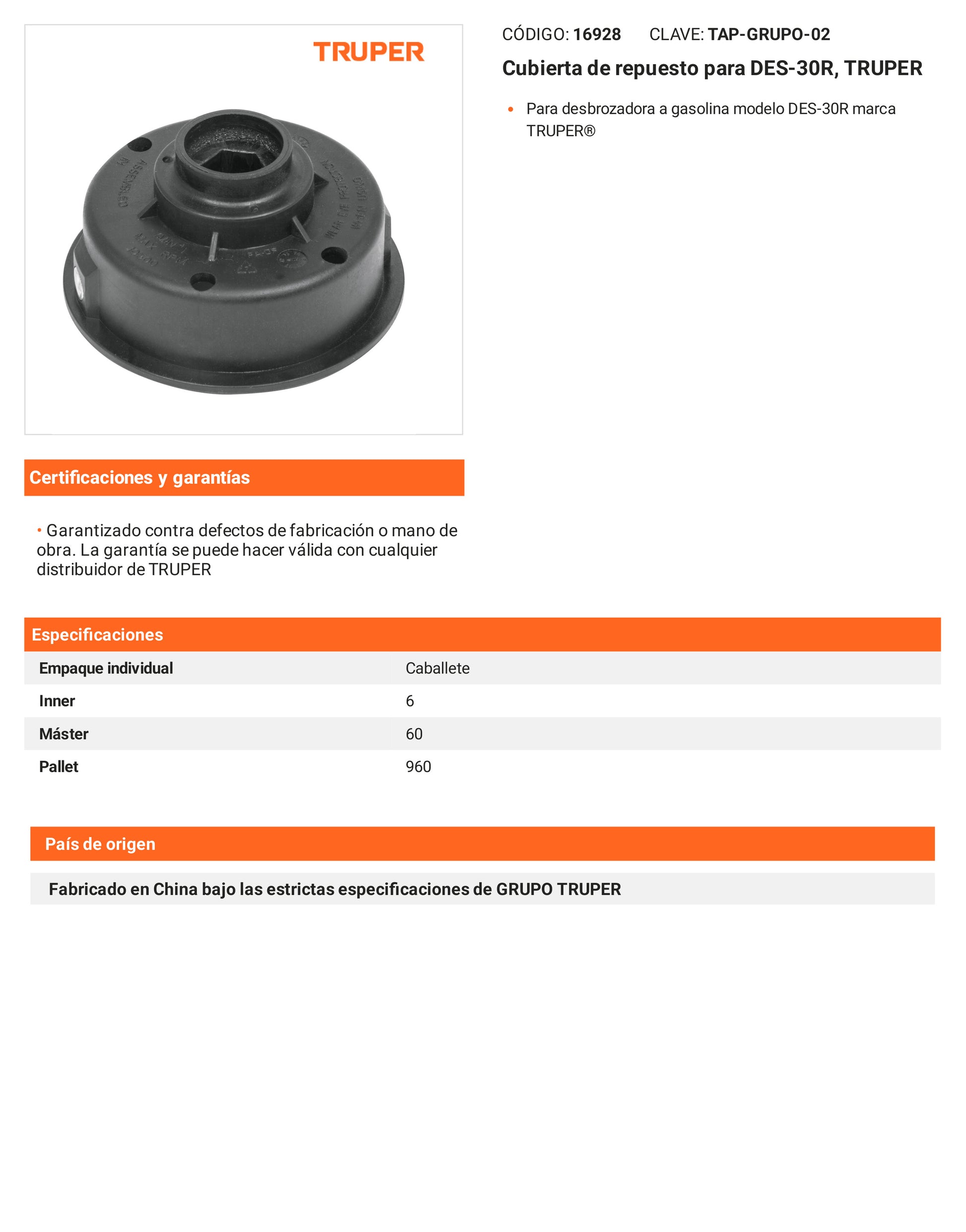 Ficha tecnica - Cubierta para DES-30R - SKU 16928