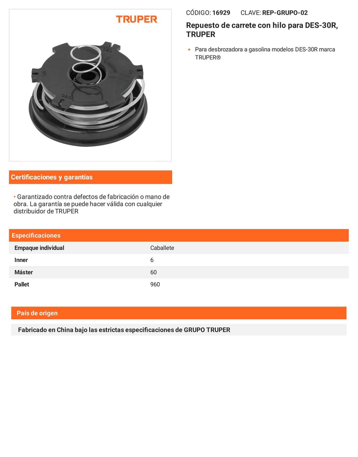 Ficha tecnica - Repuesto de carrete con hilo para DES-30R - SKU 16929