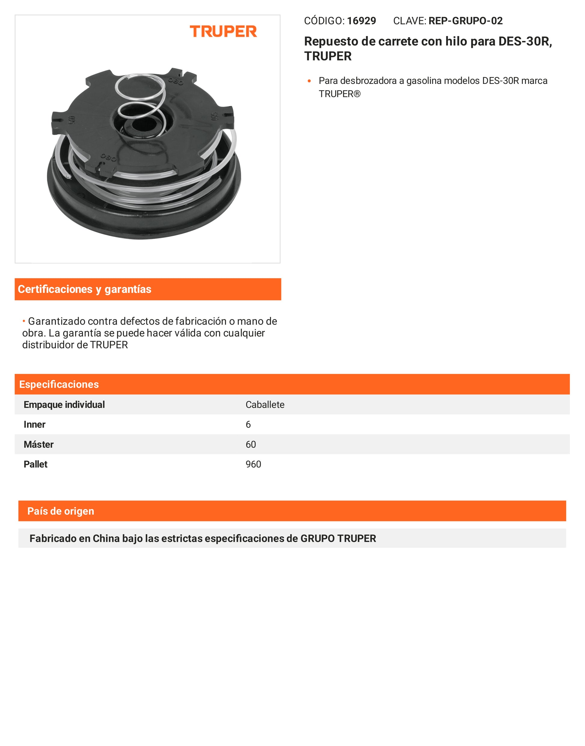 Ficha tecnica - Repuesto de carrete con hilo para DES-30R - SKU 16929