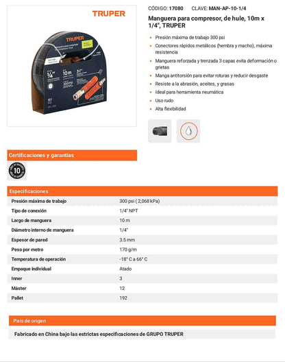 Manguera hule compresor 10 m 1/4 pulg