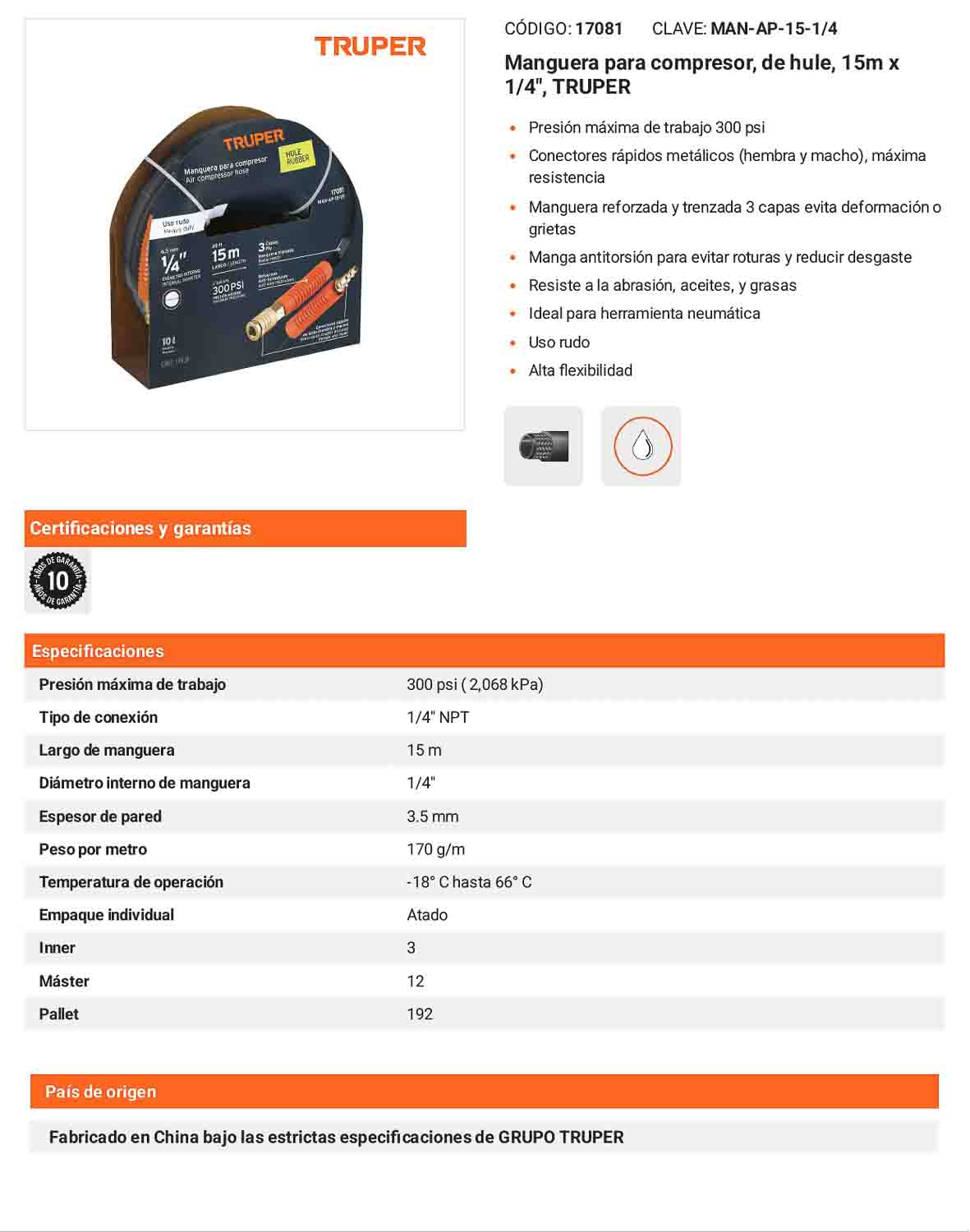 Manguera hule compresor 15 m 1/4 pulg