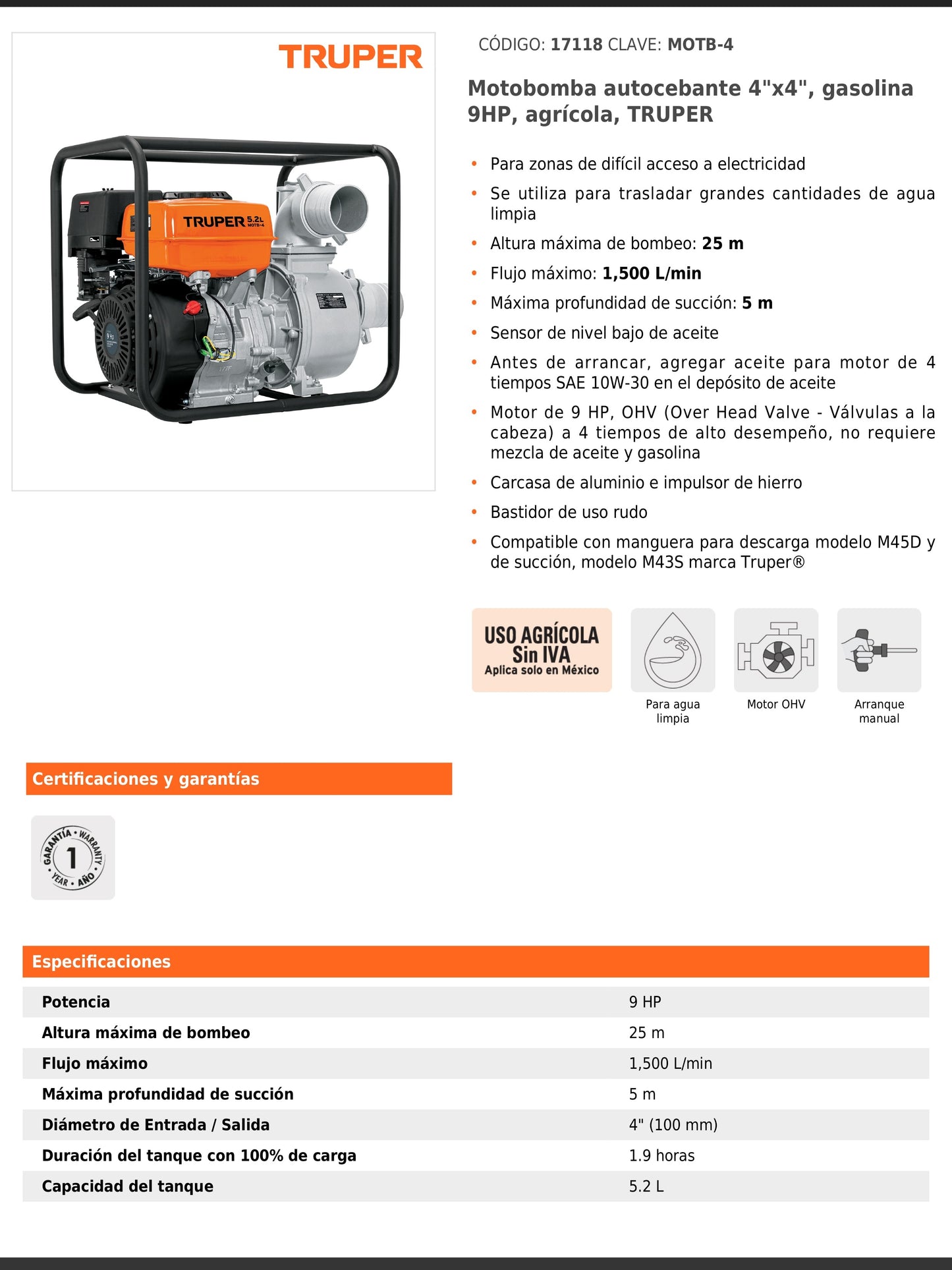 Motobomba autocebante de 4 pulgadas por 4 pulgadas a gasolina de 9 HP agrícola