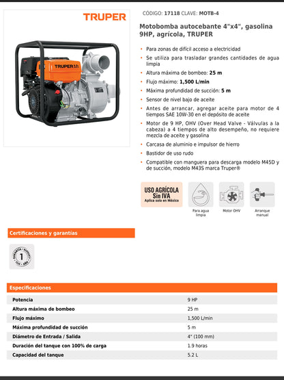 Motobomba autocebante de 4 pulgadas por 4 pulgadas a gasolina de 9 HP agrícola