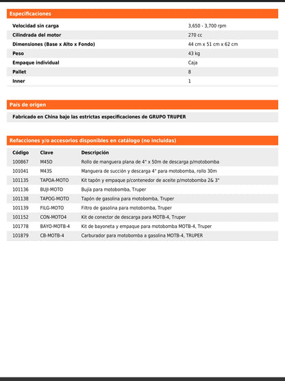 Motobomba autocebante de 4 pulgadas por 4 pulgadas a gasolina de 9 HP agrícola